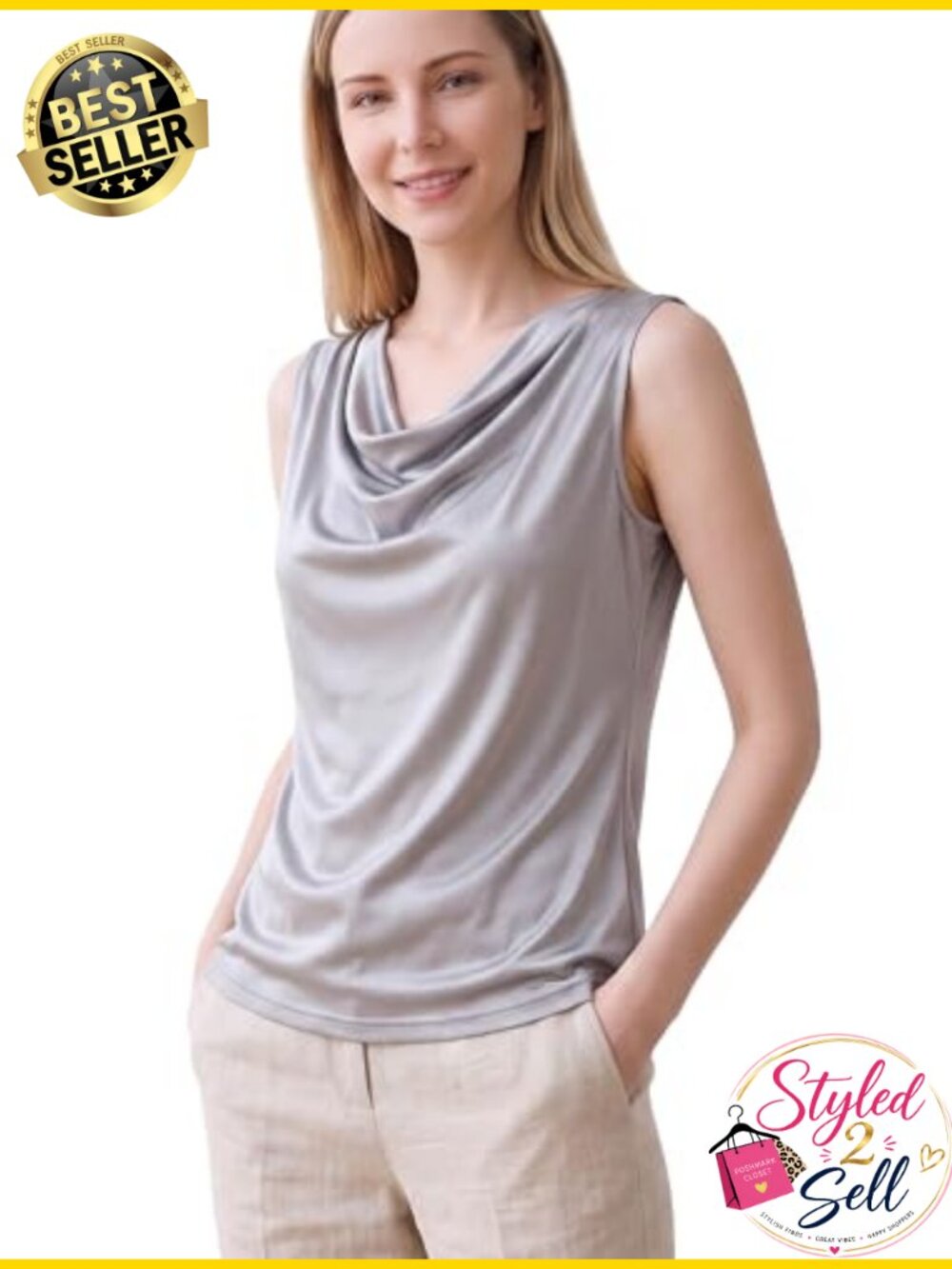 100% Mulberry Silk Tank Top Women Cowl Neck Sleeveless Dressy Blouse